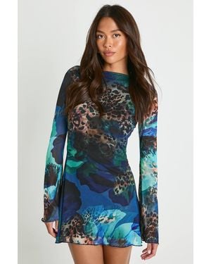 Boohoo Floral Mesh Flare Sleeve Mini Dress - Blue