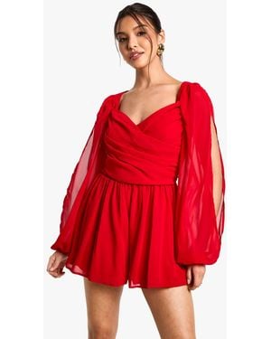 Boohoo Chiffon Split Sleeve Playsuit - Red