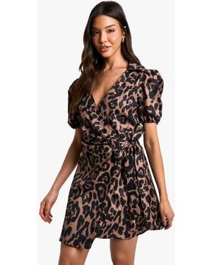 Boohoo Leopard Wrap Smock Dress - Black