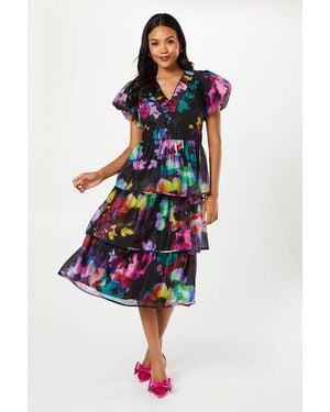 Coast Printed Puff Sleeve Tiered Midi Wedding Guest Dress