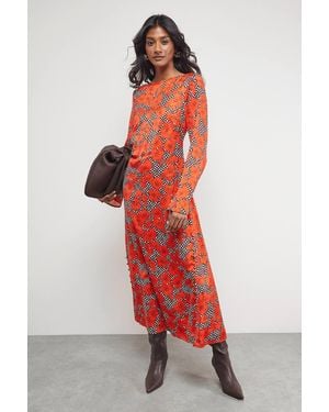 Warehouse Floral Crinkle Satin Bias Button Side Midi Dress - Red