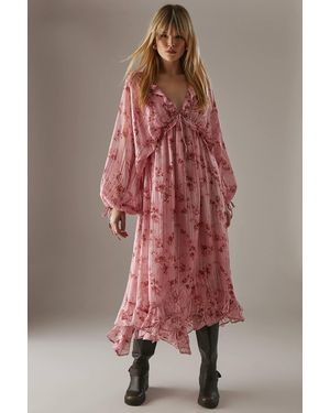 Warehouse Floral Shadow Stripe Volume Sleeve Hanky Hem Midaxi Dress - Red