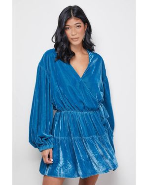 Warehouse Velvet Wrap Mini Smock Dress - Blue
