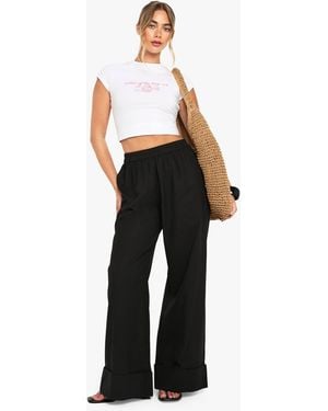 Boohoo Linen Turn Up Wide Leg Pants - Black
