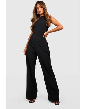 Boohoo Tailored High Neck Cinched Waist Wide Leg Jumpsuit - Blue