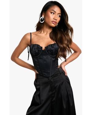 Boohoo Tie Strap Boned Satin Corset Top - Black