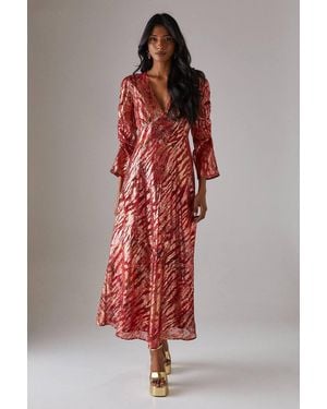 Warehouse Metallic Jacquard Ruched Sleeve Plunge Neck Bias Midi Dress - Red