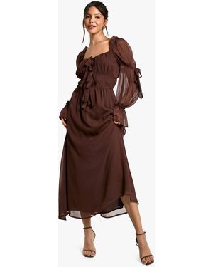 Boohoo Chiffon Milkmaid Midaxi Dress - Brown