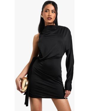 Boohoo Slinky One Shoulder Knot Detail Mini Dress - Black