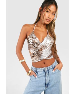 Boohoo Foil Wrap Detail Top - Blue