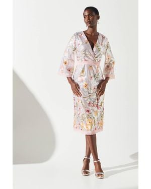 Coast Sequin Embroidered Wrap Front Midi Dress - Metallic
