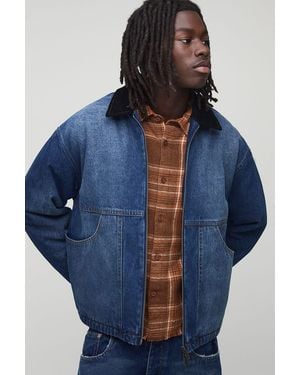 BoohooMAN Oversized Boxy Washed Paneled Jean Jacket - Blue