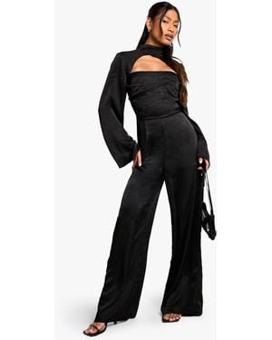Boohoo Textured Satin High Neck Jumpsuit - Black