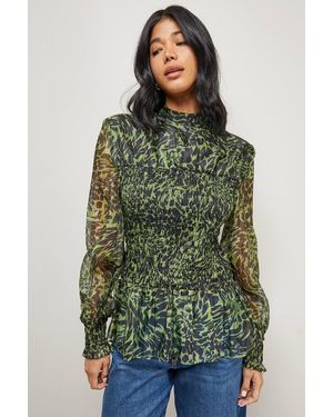 Warehouse Animal Organza Shirring Blouson Sleeve Shirt - Green