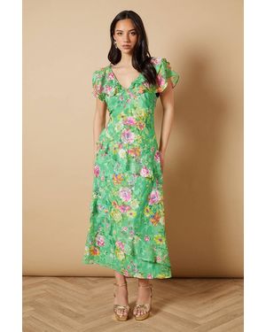 Oasis Occasion Ruffle Sleeve Jacquard Midi Dress - Green