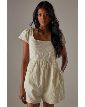 Warehouse Floral Cotton Square Neck Babydoll Romper - Brown