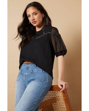 Oasis Hand Embellished Trim Scoop Neck Half Sleeve Blouse - Blue