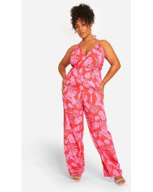 Boohoo Plus Printed Strappy Jumpsuit - Red