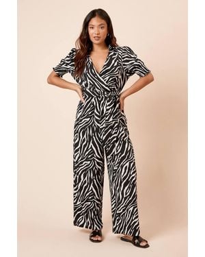 Dorothy Perkins Petite Wrap Front Puff Sleeve Jumpsuit - Natural
