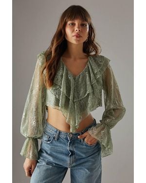 Warehouse Lace Double Ruffle Blouson Blouse - Brown