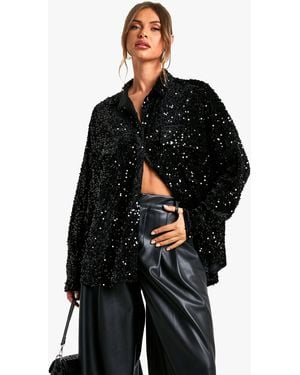 Boohoo Velvet Sequin Oversized Shirt - Black