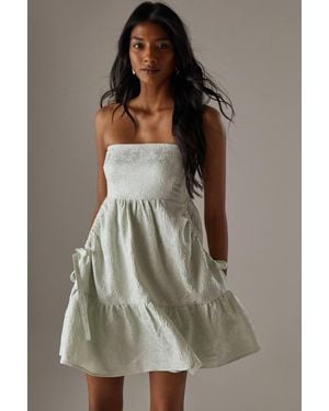 Warehouse Jacquard Shirred Bandeau Bellow Pocket Mini Dress - Green