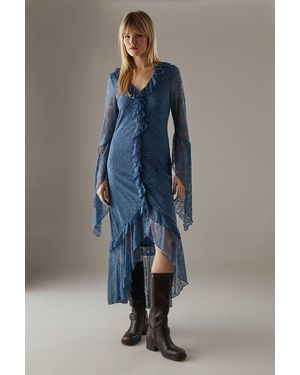 Warehouse Lace Button Through Ruffle Maxi Dress - Blue