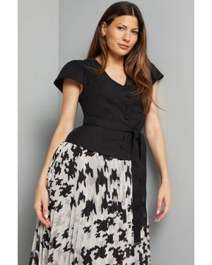 Wallis Dogtooth Print Crepe Button Pleated Midi Dress - Black