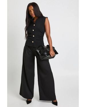 Boohoo Ribbed Button Cap Sleeve Top - Black