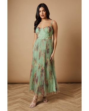 Oasis Floral Corset Detail Midi Dress - Green