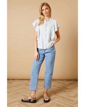 Oasis High Neck Button Through Lace Insert Blouse - Blue