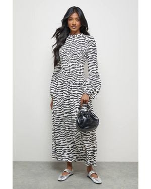 Oasis Satin Shirred Bodice Balloon Sleeve Midi Dress - Gray