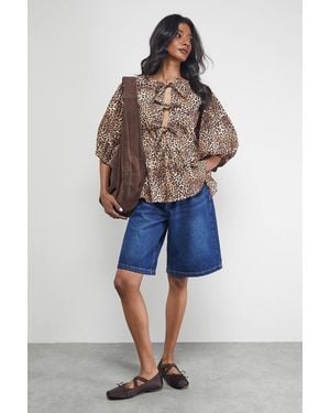 Warehouse Print Poplin Tie Front Volume Sleeve Blouse - Brown