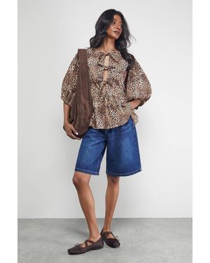Warehouse Print Poplin Tie Front Volume Sleeve Blouse - Brown