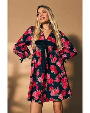 Oasis Rose Printed Poplin Contrast Bow Detail Mini Dress - Red