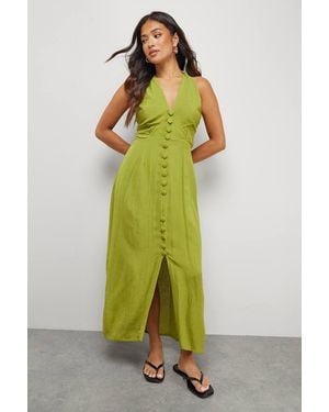 Warehouse Petite Linen Cross Front Halter Midi Dress - Green