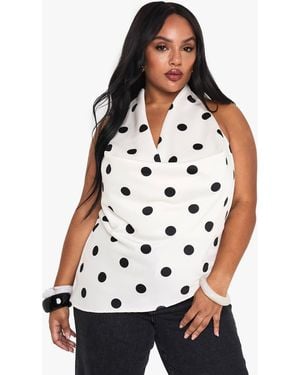 Boohoo Plus Satin Polka Cowl Neck Top - White