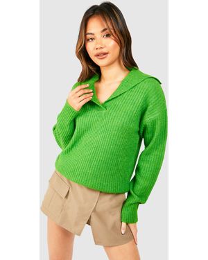 Boohoo Soft Rib Knit Polo Collar Sweater - Green