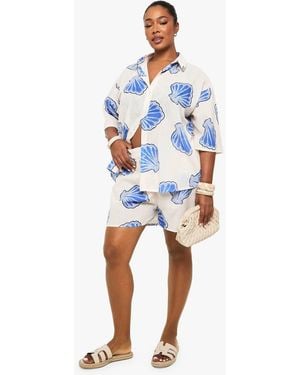 Boohoo Plus Shell Print Shirt And Short Co Ord - Blue