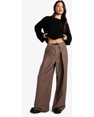 Boohoo Tall Belted Pleat Tailored Trouser - Purple