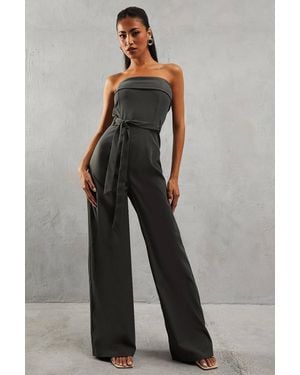 MissPap Bandeau Belted Wide Leg Jumpsuit - Gray