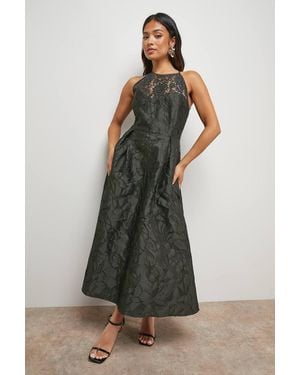 Oasis Petite Lace Yoke Jacquard Midi Prom Dress - Gray