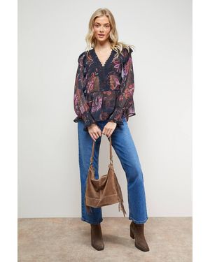 Oasis Printed Frill Detail Sheer Chiffon Blouse - Blue