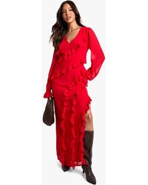 Boohoo Ruffle Long Sleeve Chiffon Maxi Dress - Red