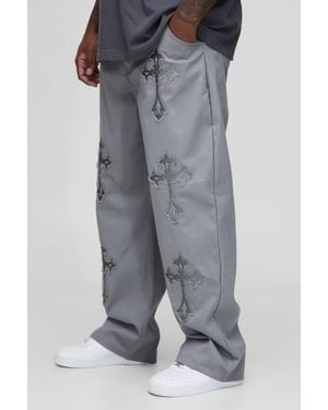 Boohoo Plus Fixed Waist Cross Applique Relaxed Pants - Grey