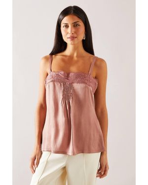 Wallis Crinkle Satin Lace Trim Strappy Top - Pink