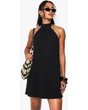 Boohoo Cheesecloth Halterneck Mini Dress - Black