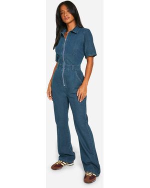 Boohoo Petite Denim Zip Up Boilersuit - Blue
