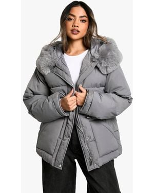Boohoo Faux Fur Hood Padded Parka - Gray