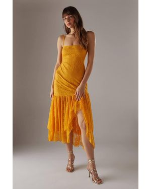 Warehouse Lace Strappy Drop Waist Ruffle Midi Dress - Orange